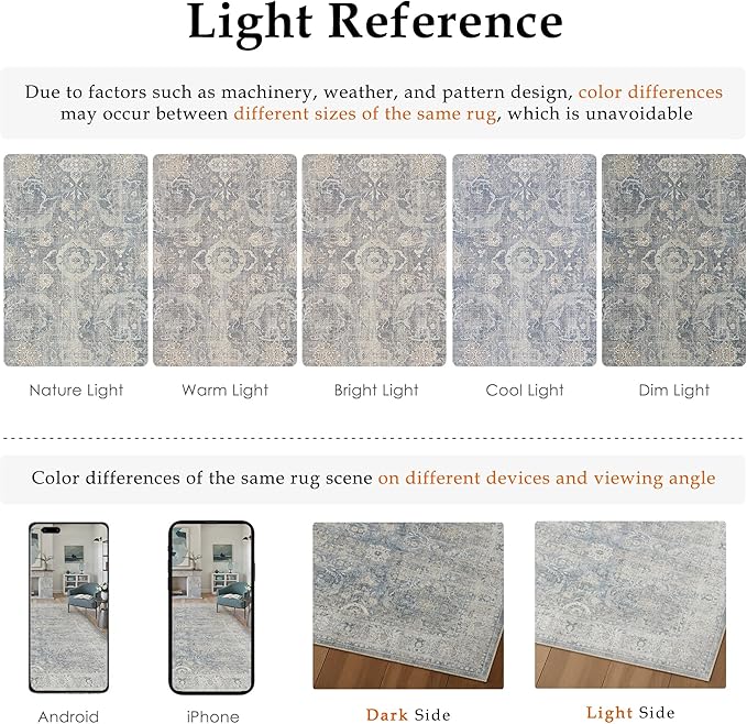 6x9 Blue Washable Area Rug for Living Room Bedroom Neutral Soft Non Slip Rug Low Pile Vintage Distressed Carpet for Dining Room Nursery Office Indoor