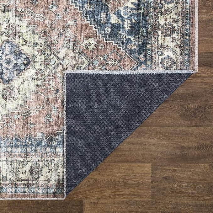 Bloom Rugs Caria Washable Non-Slip 6x9 Rug - Coral Pink/Ocean Blue Traditional Area Rug for Living Room, Bedroom, Dining Room, and Kitchen - Exact Size: 6' x 9'