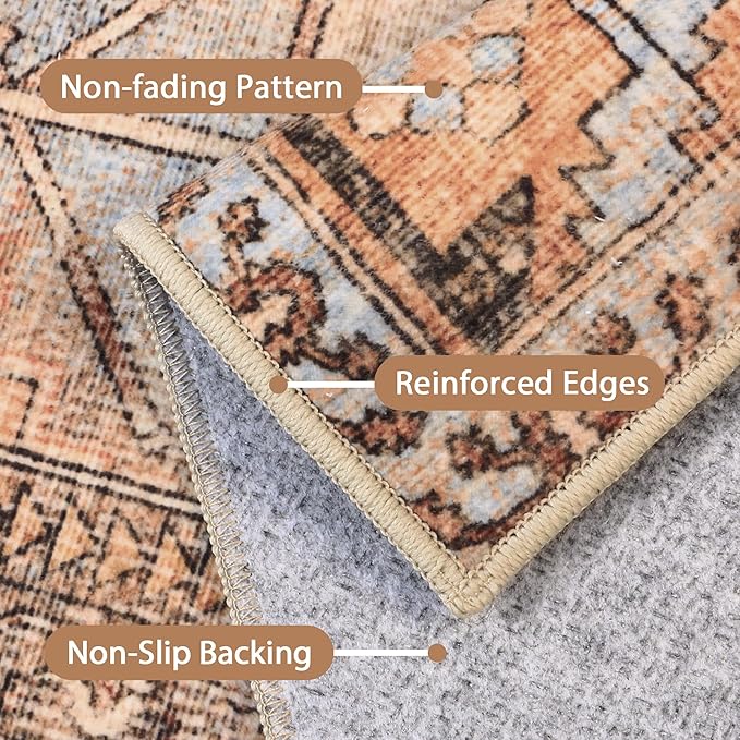 Bavni Washable Rug 8x10 Area Rug for Living Room Bedroom Dining, Washable Vintage Print Carpet, Ultra-Thin Low Pile Lightweight Rug with Non Slip Backing, Sunset Yellow