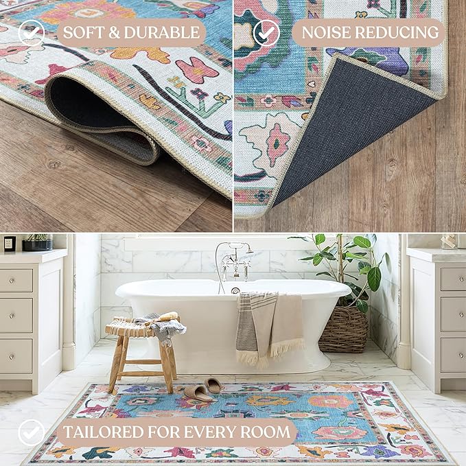 Fame Living Colorful Oushak Rug, Modern Small Rugs, Vintage, Turkish, Eclectic, Floral, Pastel, Washable, Door Mat, Doormat for Indoor Entrance, Entryway, Kitchen, Bathroom, Bedroom, Laundry, 2'x3'