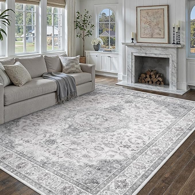 HUGEAR Area Rug 8x10 Vintage Grey Machine Washable Living Room Rugs Thin Neutral Floral Vacuumable Low Pile Carpet Bedroom Office Dining Room Laundry Room Non Slip Soft Lightweight
