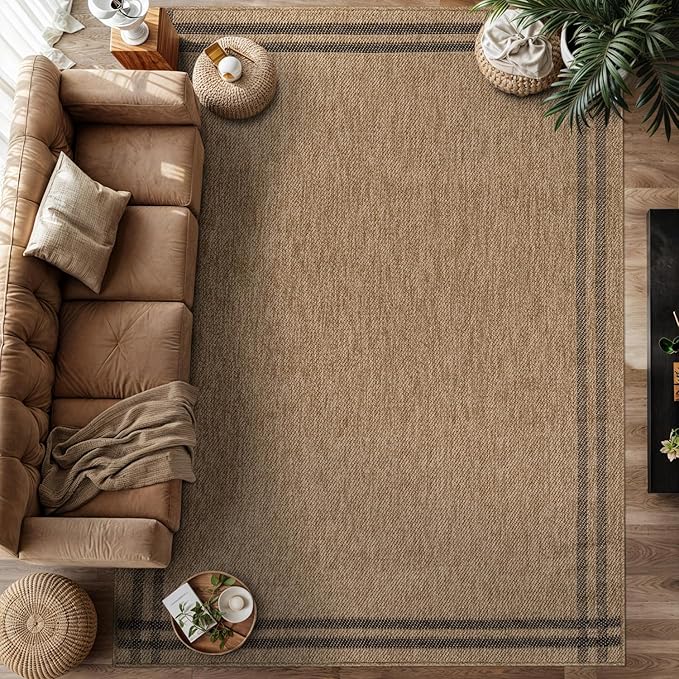 Easy Jute Rugs 6x9 Bordered Natural Color Living Room Indoor Outdoor Area Rug for Patio and Kitchen Rug High Traffic Washable Easy to Clean Solid Boho Woven Design Outside Carpet (6 x 9)