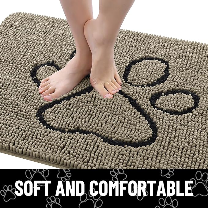 Smiry Dog Door Mat for Muddy Paws, Absorbent Dirt Trapper Non Slip Quick Dry Washable Chenille Mat for Mud Dogs, Entry Rug for Indoor and Outdoor (30x20 Inches, Warm Taupe and Black)