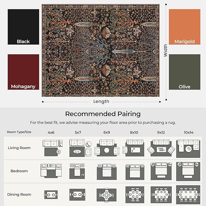 Kokia Boho Vintage Floral Area Rugs, Washable Oriental Botanical Rugs for Living Room, Bedroom, Dining Room, Office, Soft Indoor Area Rug, Wild Black，6x9