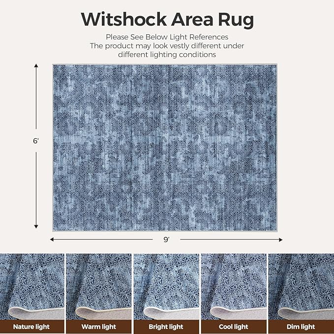 WITSHOCK 6x9 Area Rugs for Living Room: Machine Washable Non Slip Modern Abstract Carpet - Low Pile Print Rug for Bedroom Dining Room - Stain Resistant for Household - Pet Owners (Blue White)
