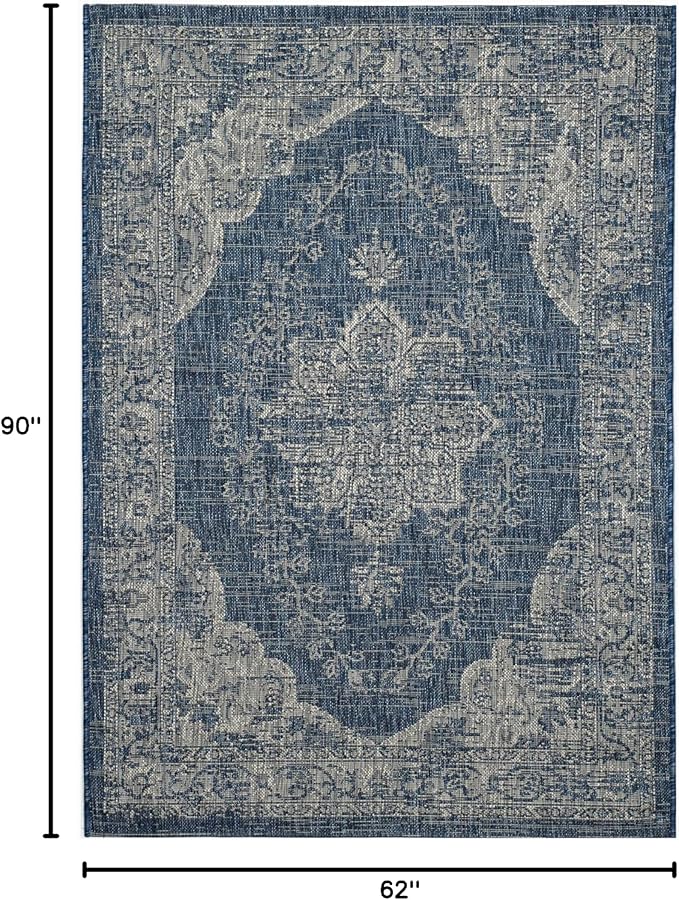 FH Home Outdoor Rug - Waterproof Easy to Clean Stain Resistant - Patio Indoor Outdoor Porch Deck Balcony Entryway - Vintage Distressed - Gorgan - Blue - 5ft 2in x 7ft 6in
