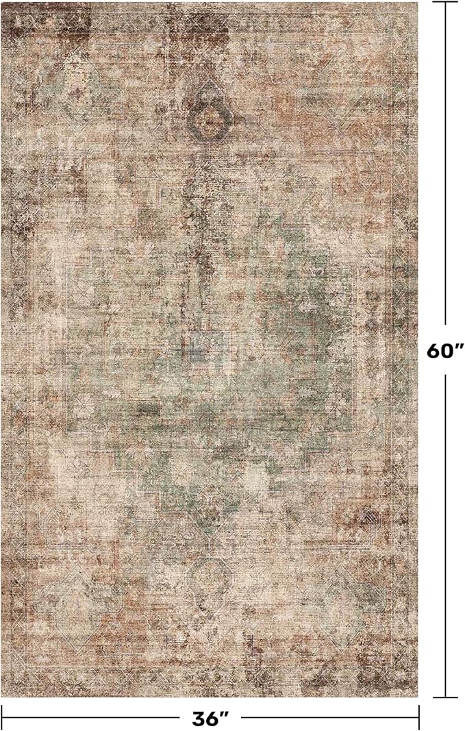 Brown and Green 3x5 Door Rugs for Entryway Indoor, Non Slip Washable Kitchen Floor Mats, Low Pile Soft Area Rug for Bedroom Beside Bed, Laundry Room, Vintage Abstract Stain Resistant Carpet