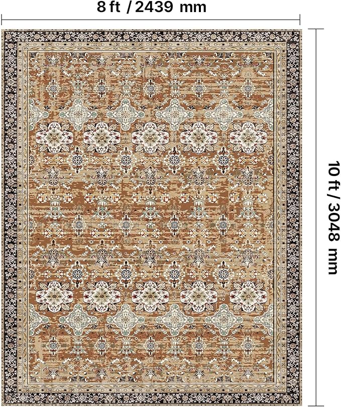 VEVOR 8 x 10 Area Rug, Washable Rug Non-Slip and Tear-Resistant Soft Carpet Pet & Child Friendly, Vintage Area Rugs Indoor Mat for Bedroom Living Room Kids Room Office Brown Green
