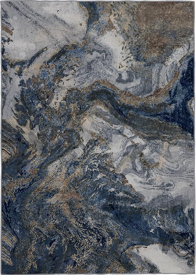 Modern Washable Rug for Living Room: Abstract 5x7 Area Rugs for Bedroom Low Pile Non Slip - Stain Resistant Carpet for Dining Room Indoor - Blue Gold