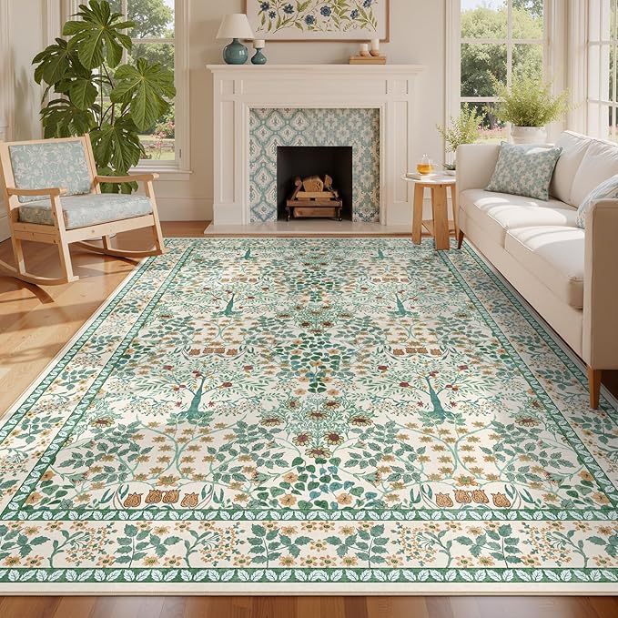 8x10 Area Rugs Living Room Rug - Floral Vintage Forest Washable Carpet, Low Pile Non-Slip Stain Resistance Boho Soft Large Carpet for Bedroom, Dining Room, Office, Farmhouse (8'x10' Beige Green)