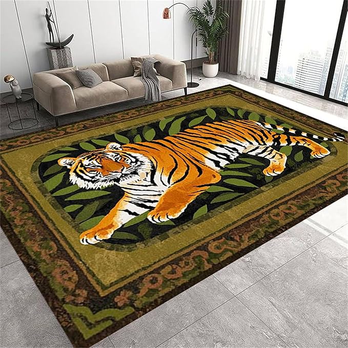 Tiger Area Rug,4x5ft, Tiger Print Rug,Tiger Themed Stylish Rug, Bohemian Vintage Tiger Print Rug, Non-Slip Washable Rug for Living Room Bedroom Dining Room Kids Room Decoration