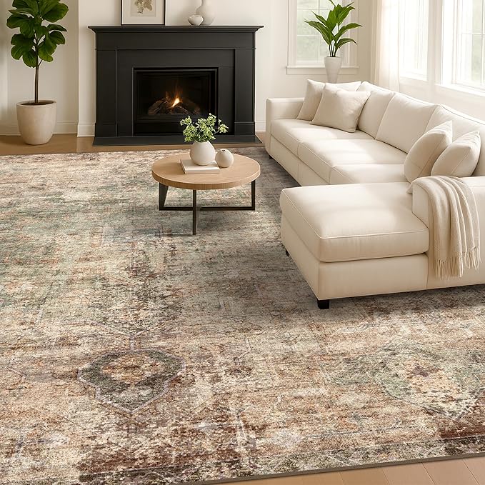 Vintage Dark 6x9 Living Room Rug - Green and Brown Modern Abstract Rug for Dining Room Under Table, Bedroom, Washable Non Slip Soft Rust Taupe Faded Print Mat