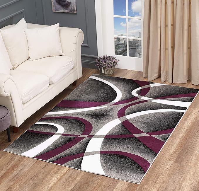 GLORY RUGS Modern Area Rug 8x10 Grey Swirls Carpet Bedroom Living Room Contemporary Dining Accent Sevilla Collection 4816A (Purple)