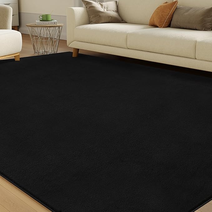 Solid Washable Area Rug - 3x5 Medium Pile Faux Cashmere Carpet for Living Room Bedroom, Black