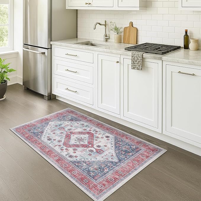 Fame Rugs Turkish Rug. Washable Vintage Oriental Antique Inspired Traditional Doormat Small Modern Area Rugs Luxury Entryway Entry Bedroom Bathroom Kitchen (402RN, 2'5 x 6'9)