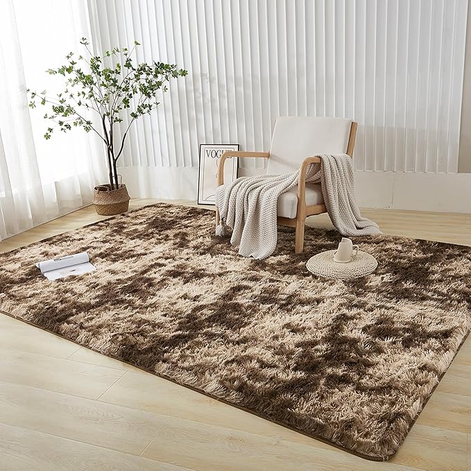 Andency 8x10 Area Rugs for Living Room, Upgrade Non-Slip Fluffy Soft Large Shag Bedroom Carpet, Tie-Dyed Brown Big Indoor Thick Nursery Rug for Kids Dorm Home Decor Aesthetic