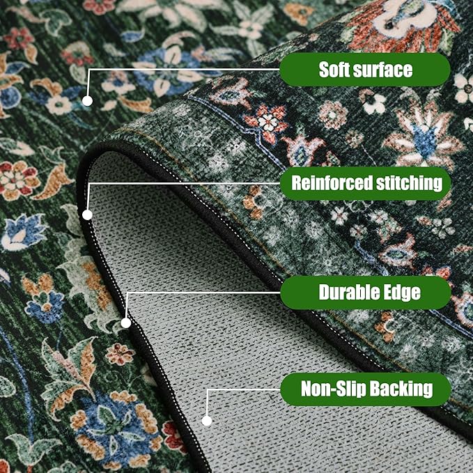 Dark Green Rug 3x5 Area Rug with Non-Slip Backing, Washable Rugs for Bedroom Living Room Kitchen, Distressed Carpet Printed Low-Pile Soft Dorm Rug Room Decor