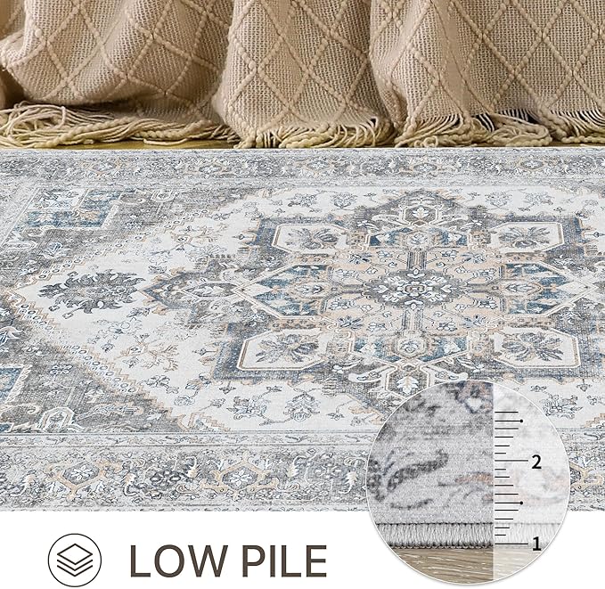 Bavni Area Rug 5x7 for Living Room Bedroom Dining Room, Boho Tribal Machine Washable Rug Print Vintage Aesthetic Gray Carpet, Floor Cover, Low Pile Lightweight Non Slip