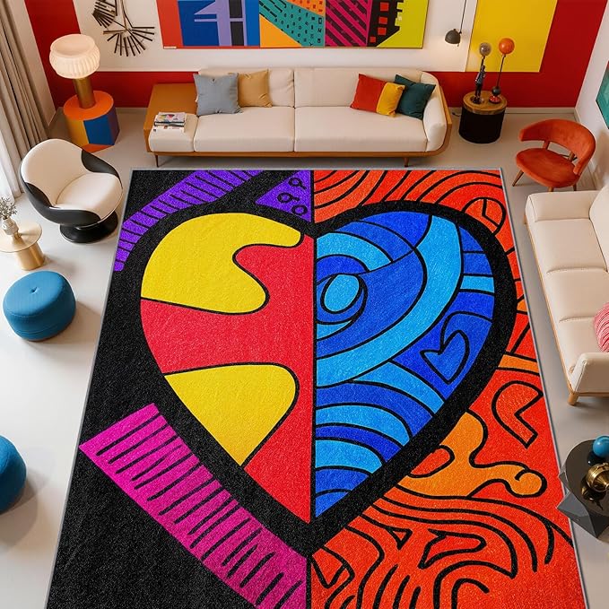 Abstract Rug, Colorful Pop Art Area Rug 6x8, Hippie Aesthetic Funky Low Pile Non Skip Carpets Home Decor #C126