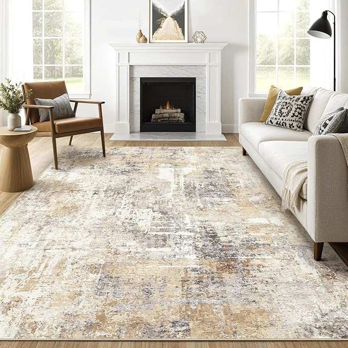10x14 Area Rugs Living Room: Washable Large Abstract Modern Soft Rug Stain Resistant Indoor Floor Non Slip Accent Carpet for Bedroom Nursery Playroom Office Dining Room Dorm & Home- Gray Gold