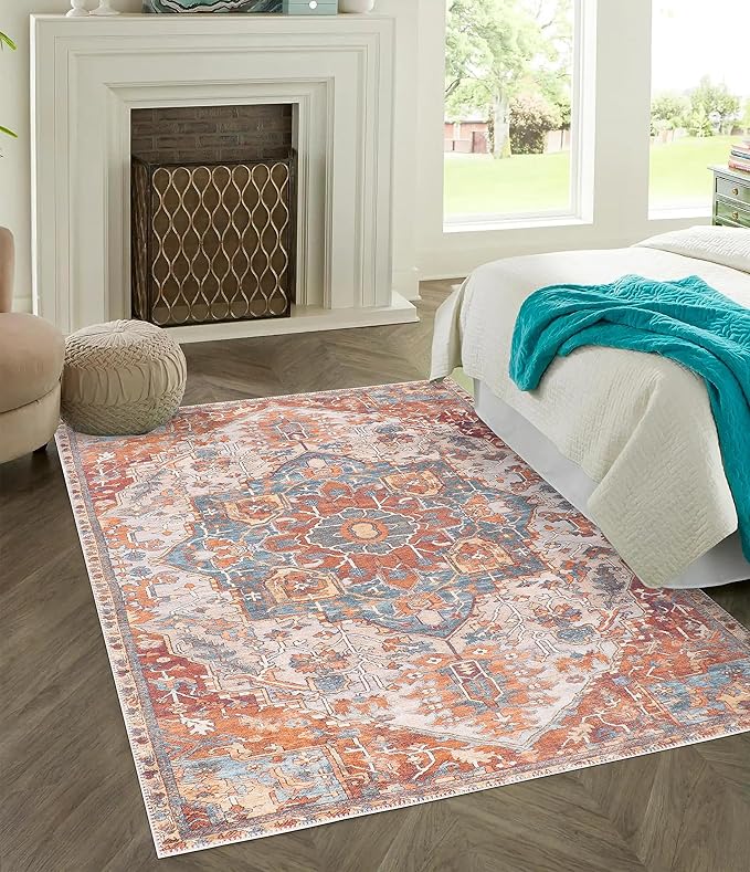 GLN Rugs Traditional Collection - Machine Washable Area Rug, Traditional Washable, Non Slip, Low Pile Chenille Rug, Living Room, Bedroom, Kitchen Rug (8' x 10' Cream/Terra)