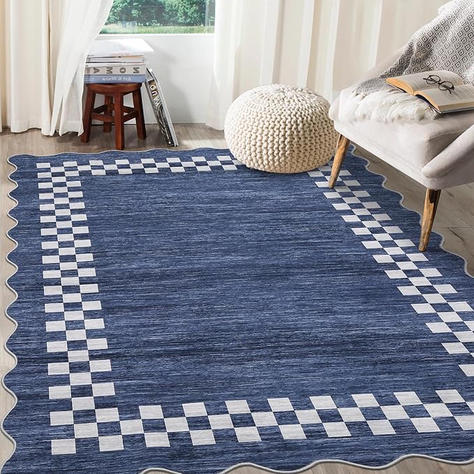 GarveeHome 10x13 Area Rug Large Living Room Scalloped Rug Non Slip Low Pile Bedroom Throw Carpet Soft Modern Bordered Dining Room Rug Stain Resistant Boho Carpet for Home Office, Blue