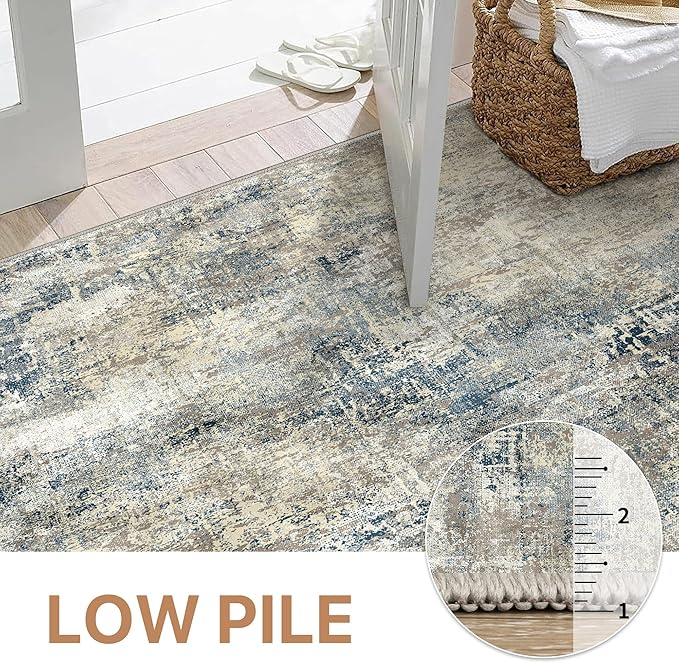 GENIMO Washable Area Rugs for Living Room, 9x12 Modern Non Slip Rugs, Low Pile Lightweight Soft Print Rug for Bedroom, Dining Room, Home Office, Blue Grey Beige
