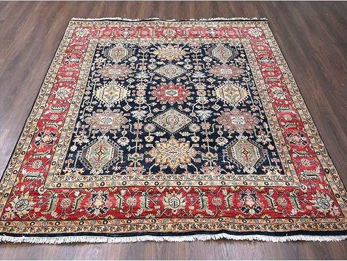 Black Vegetable Dyes Wool Soft Pile Karjihooz Design with All Over Pattern Hand Knotted Square Oriental Rug (8'x8')