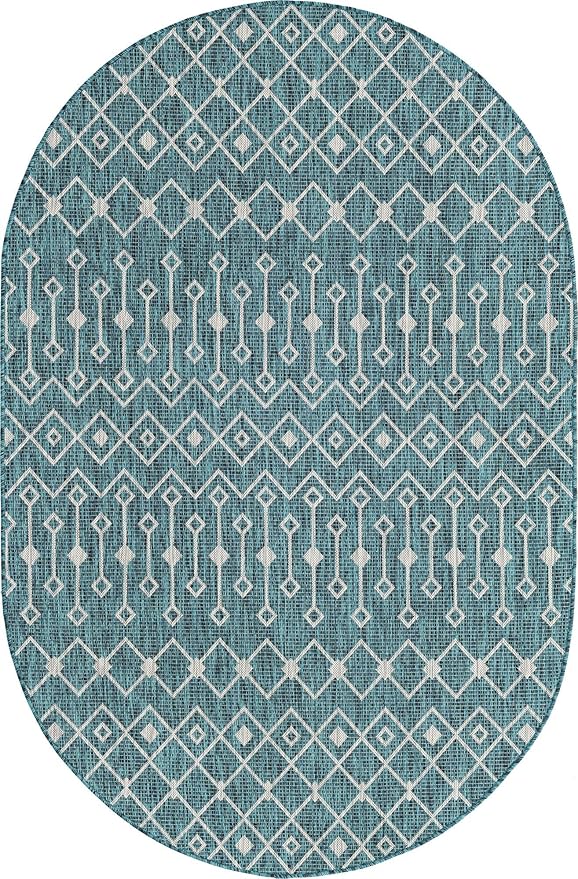 Unique Loom Outdoor Trellis Collection Area Rug - Tribal Trellis (5' 3" x 8' Oval, Teal/ Ivory)