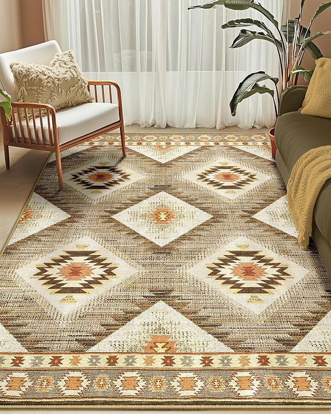 Area Rug 5x7 Rug Machine Washable Non-Slip Low Pile Print Pattern Western Rug for Living Room Bedroom Entryway Tribal Series -Cream/Camel