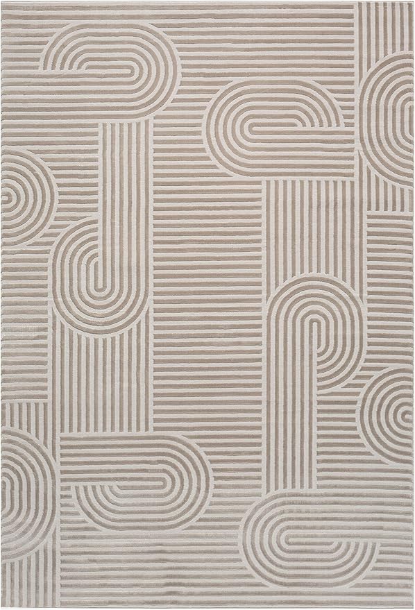 Annabel Modern Geometric Area Rug for Living Room, 6x9 Contemporary Arched Linear Beige Neutral Rug, Stain Resistant Non-Shedding Carpet for Bedroom, Dining Room or Kitchen (6' x 9', Beige)