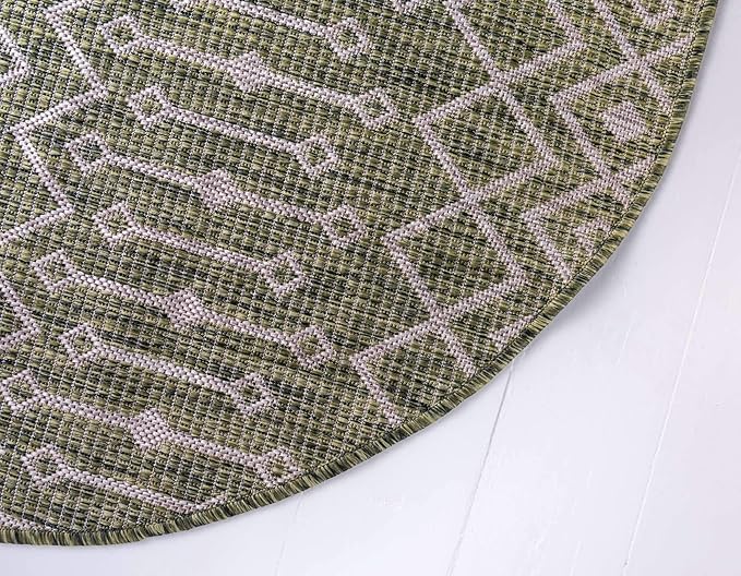 Unique Loom Outdoor Trellis Collection Area Rug - Tribal Trellis (4' 1" Round, Green/ Natural)