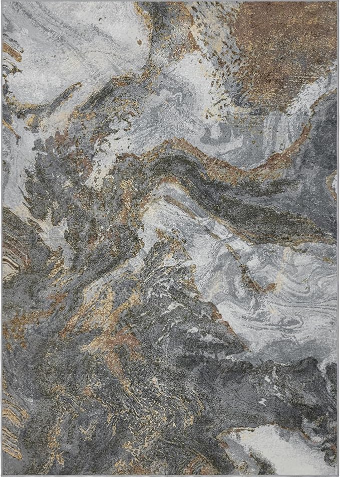 Modern Washable Rug for Living Room: Abstract 9x12 Area Rugs for Bedroom Low Pile Non Slip - Stain Resistant Carpet for Dining Room Indoor - Grey Gold