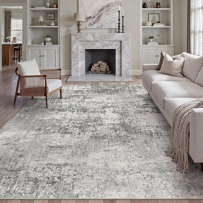 8x10 Grey Area Rug Washable Modern Abstract Living Room Carpet Non Slip Neutral Low Pile Soft Contemporary Gray Bedroom Large Rug Indoor Office Dining Room Playroom