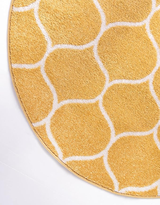 Rugs.com Lattice Frieze Collection Rug – 4' Round Yellow Medium Rug Perfect for Kitchens, Dining Rooms