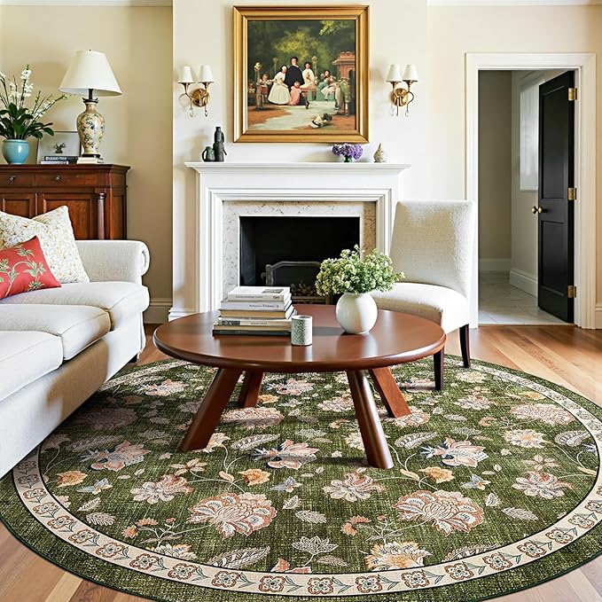 jinchan Elora 8ft Floral Round Rug for Dining Room Washable Living Room Rug Vintage Romance Design Non Slip Indoor Floor Cover Lightweight Low-Profile Throw Carpet for Bedroom Porch Patio, Green