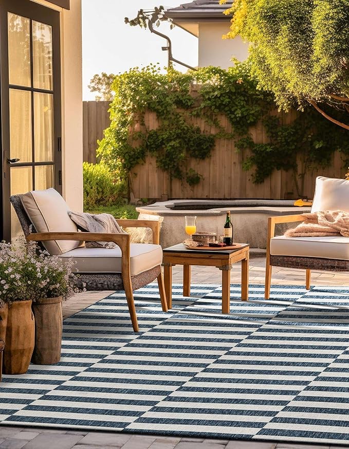 Unique Loom Outdoor Striped Collection Area Rug - Striped (5' 3" Square Blue/Ivory)