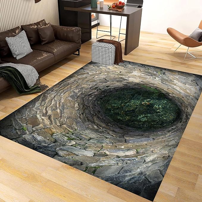 3D Hole Area Rug for Bedroom, 5x6ft, Visual Illusion Stone Cave Trap Design Home Decorative Rugs, Breathable Anti Skid Dirty Resistant Washable Soft Large Carpets for Family Indoor