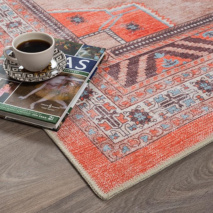 Fame Rugs Turkish Rug. Washable Vintage Oriental Antique Inspired Traditional Doormat Small Modern Area Rugs Luxury Entryway Entry Bedroom Bathroom Kitchen (380TT, 9' x 12')