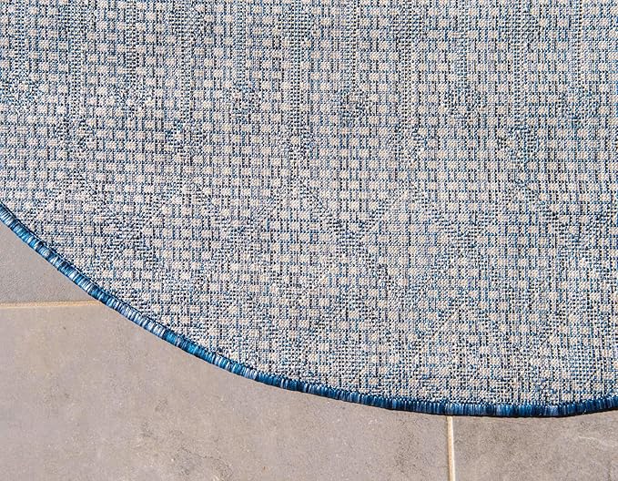 Unique Loom Outdoor Trellis Collection Area Rug - Tribal Trellis (7' 1" Round, Blue/ Ivory)