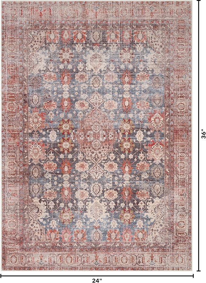 Kuden Area Rug, Machine Washable, Non-Slip Backing, Vintage Style, Soft, Low Pile, Perfect for Living Room, Bedroom, Kitchen, Dining Room - [2x3, Blue/Red/Beige]