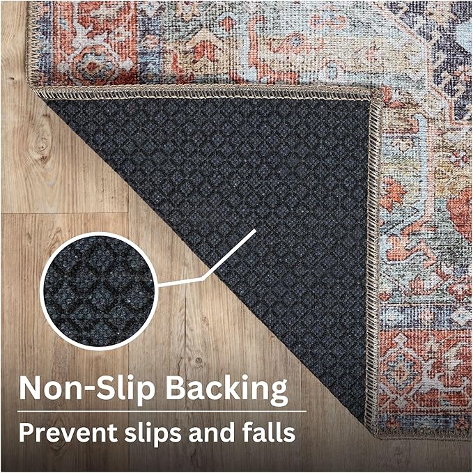 Bloom Rugs Washable Non-Slip 5' x 7' Rug - Terracotta/Blue Traditional Medallion Area Rug for Living Room, Bedroom, Dining Room, and Kitchen - Exact Size: 5' x 7'