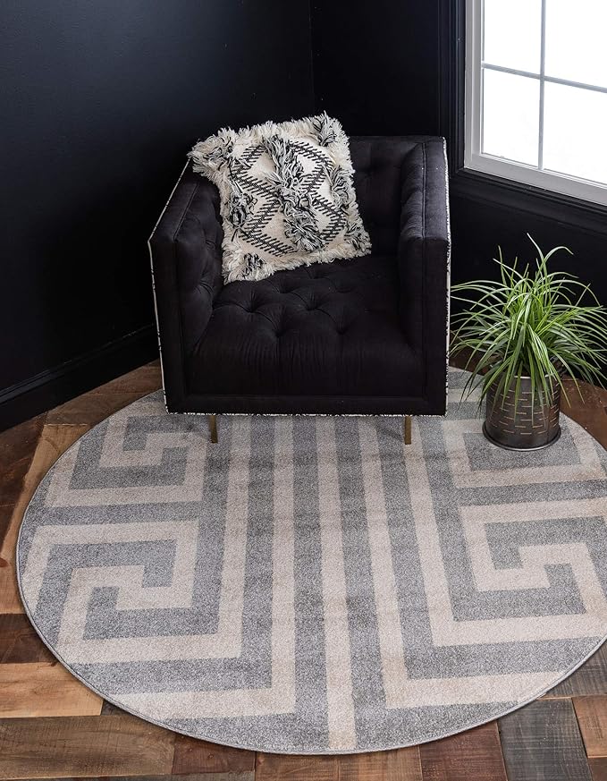Unique Loom Athens Collection Classic Geometric Modern Border Design Area Rug (6' 0 x 6' 0 Round, Gray/ Beige)