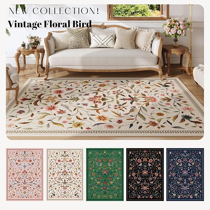 Vintage Medallion Floral 4x6 Rug, Machine Washable Non-Slip Area Rug, Low Pile Soft Carpet for Entry, Living Room, Office, Kids, Girl/Boys Room | Beige