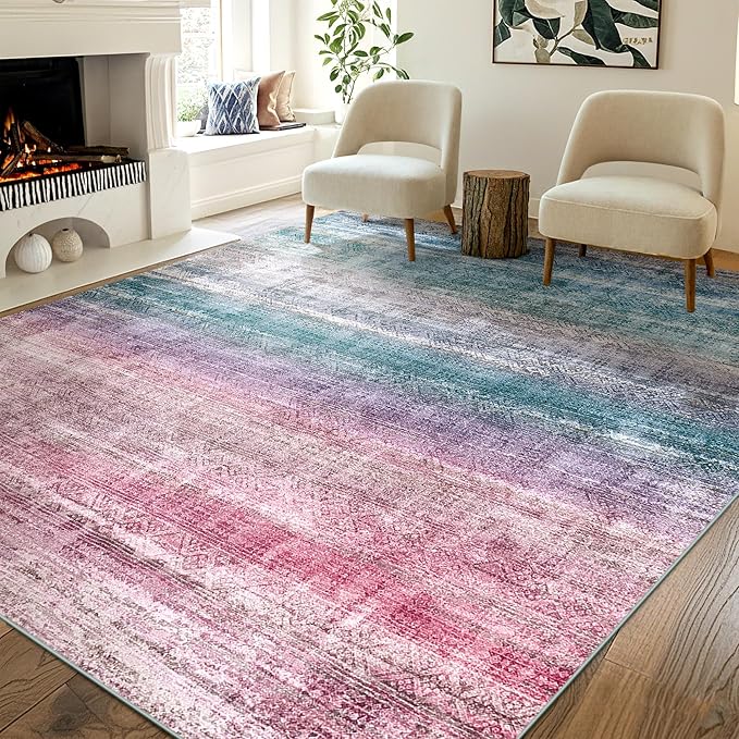 Kokia Abstract Area Rugs Boho Washable Distressed Retro Indoor 6x9 Rug Multicolor Low Pile Non-Slip Non-Shedding Red Carpet Bedroom Living Room Dining Room, Oslo Orchid