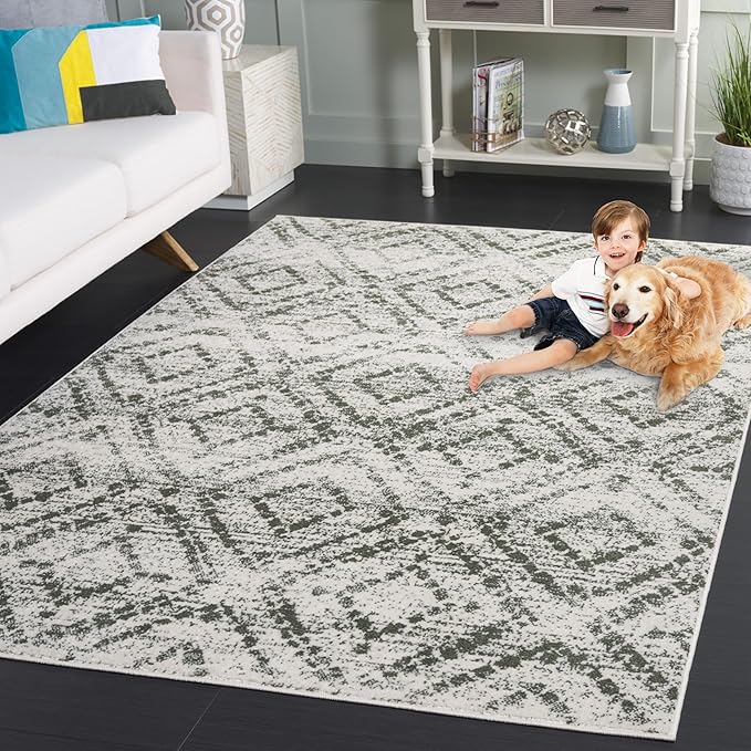 SAFAVIEH Adirondack Collection Area Rug - 5'1" x 7'6", Ivory & Dark Green, Geometric Design, Non-Shedding & Easy Care, Ideal for High Traffic Areas in Living Room, Bedroom, Dining (ADR131W-5)