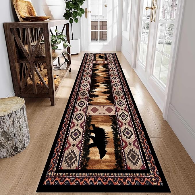 Rustic Cabin Bear Runner Rug, 4x10ft, Native American Long Runner Rug, Wildlife Black Bear Forest Hallway Rug, Vintage Brown Non-Slip Washable Southwestern Style Rug for Entry Kitchen