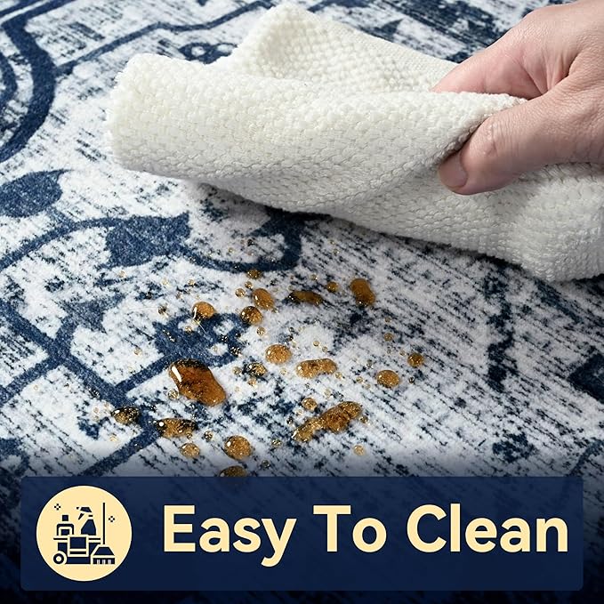 YJ.GWL Area Rugs for Living Room 6x9 Machine Washable Rugs, Non Slip Floral Vintage Rug Indoor Carpet, Stain Resistant Large Rug for Bedroom Dining Room, Navy Blue