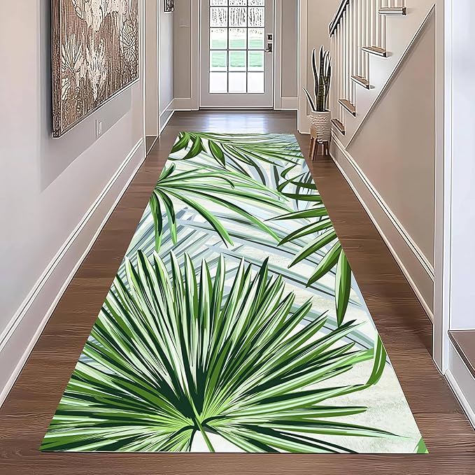 Hall Runner Rug 4x10 ft Non-Slip - Tropical Palm Leaves Design in Emerald Green - Easy Clean Washable Carpet for Hallway, Entryway, Bedroom - Durable Floor Decor