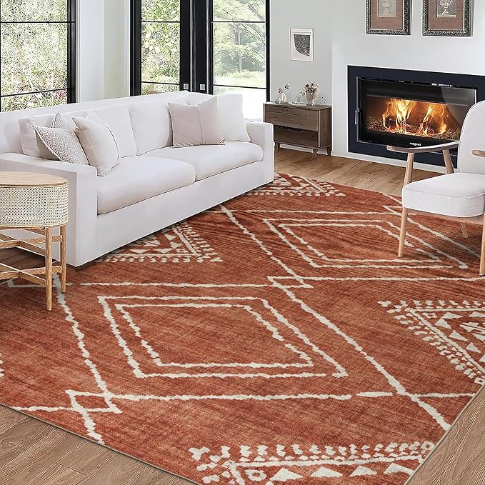 ReaLife Rugs Machine Washable Area Rug - Living Room Bedroom Bathroom Kitchen Entryway Office - Padded Low Pile Stain Resistant Premium - Moroccan Diamond Tribal - Jax - Orange 4' x 6'